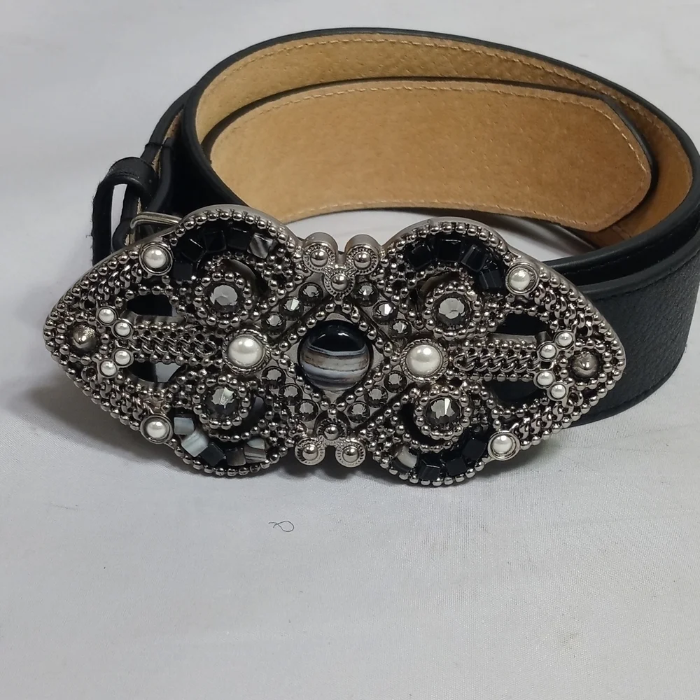 LEATHER‎ Rock Black Rhinestones Buckle Signature Belt